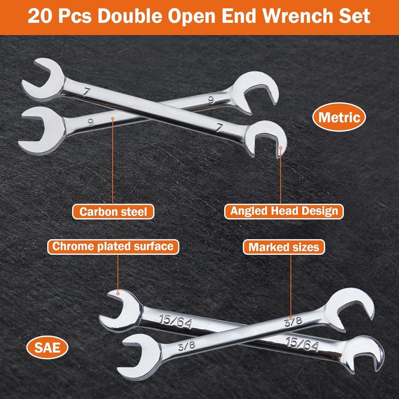 LEONTOOL Mini Double Open End Wrench Set Metric and SAE 20 Pcs 4-11mm & 5/32" to 7/16" Mirror Chrome Finish Super Thin Open Ended Spanner Double Angle Head with Portable Storage Pouches - Image 2